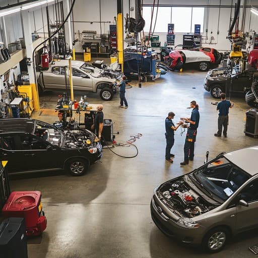 Wide view of the Apex DIY workshop floor with multiple vehicles being worked on